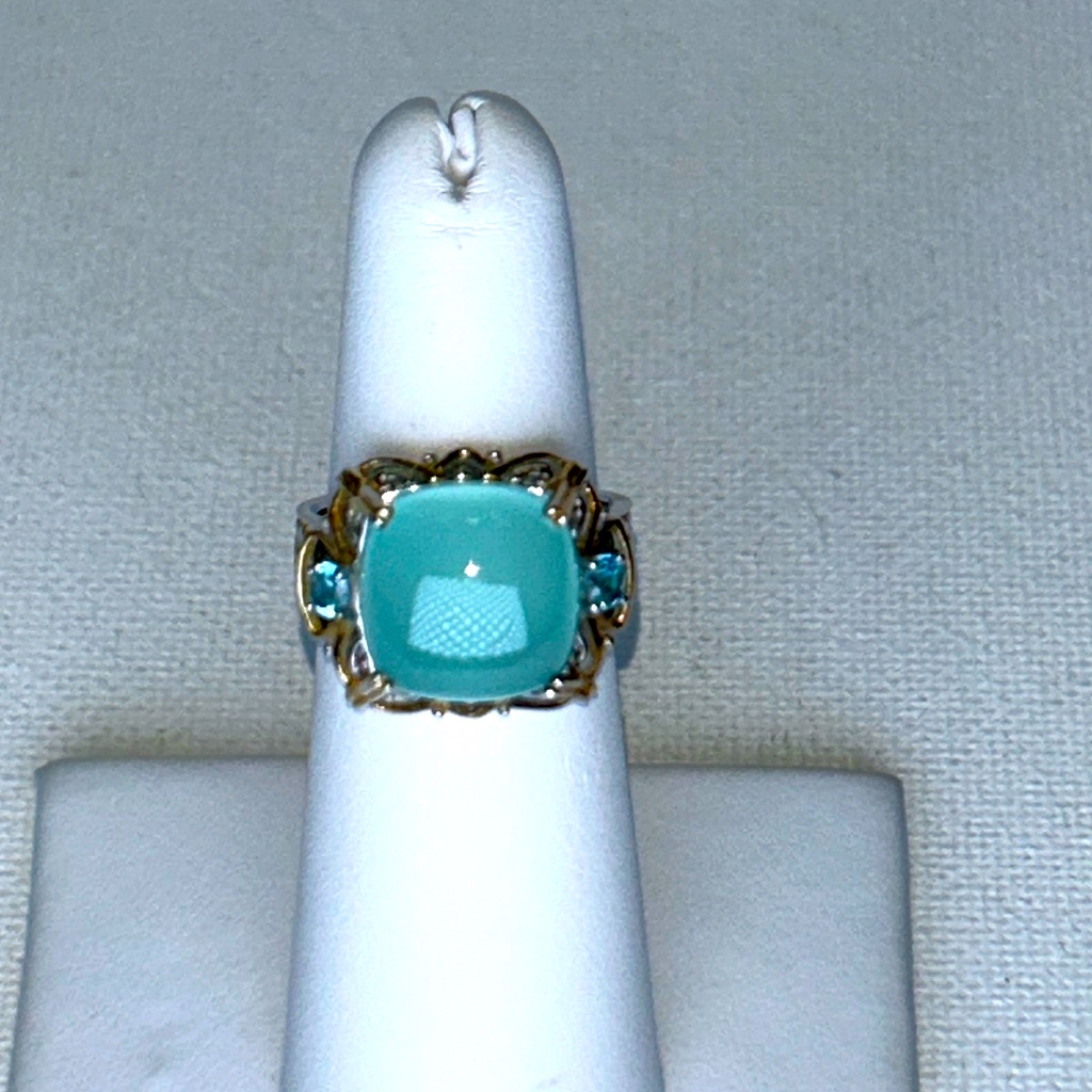 Gems En Vogue Blue Calcedony Blue Topaz Sterling 18k Gold Accent Designer Ring 150$
